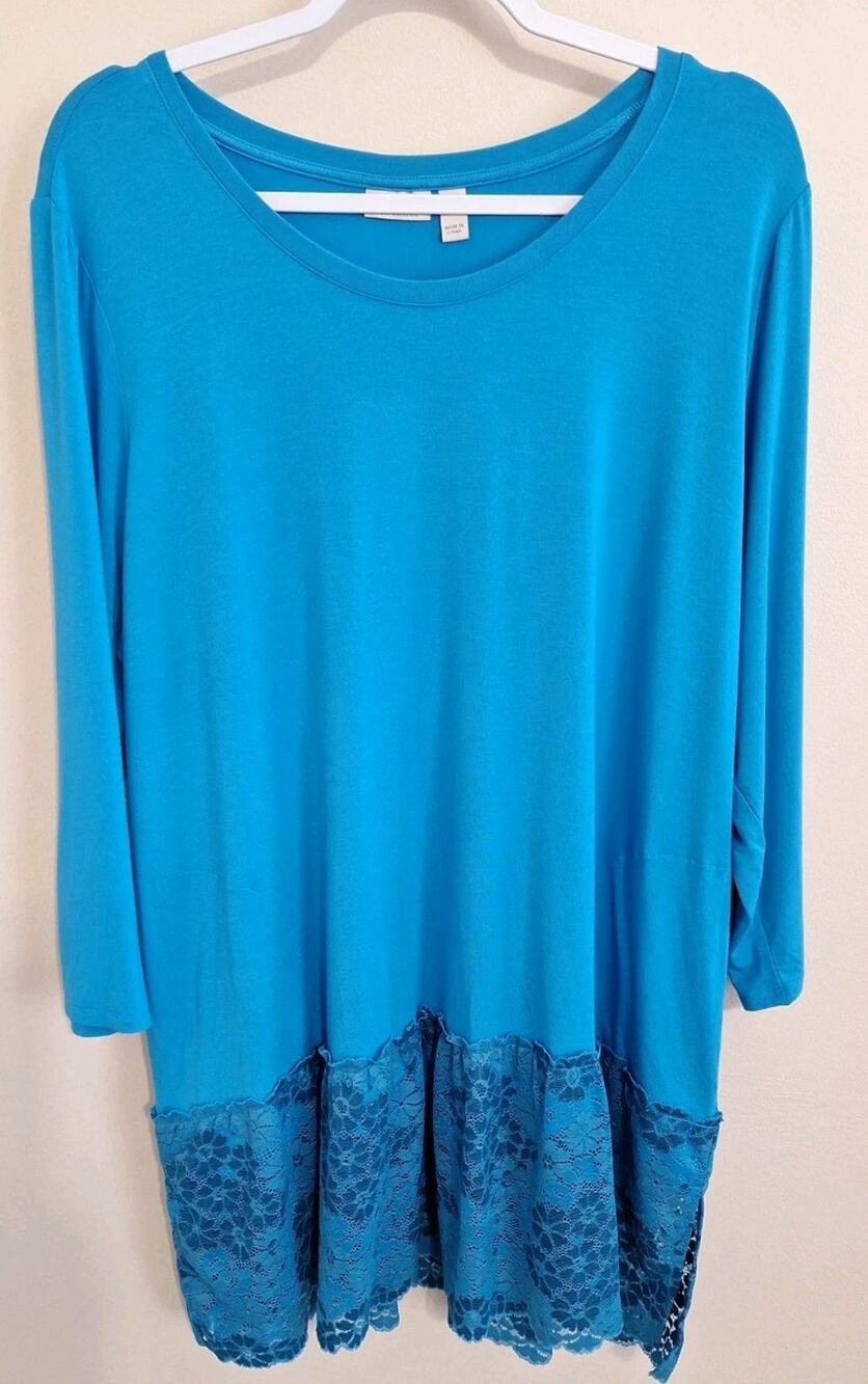 Logo Lori Goldstein Tunic Top 1X Blue Long Sleeve Lace Trim Knit With Pockets